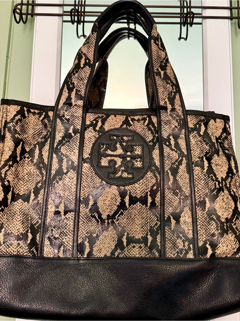 LIKE NEW!! Tory Burch Faux Snakeskin Tote - Black and Beige
